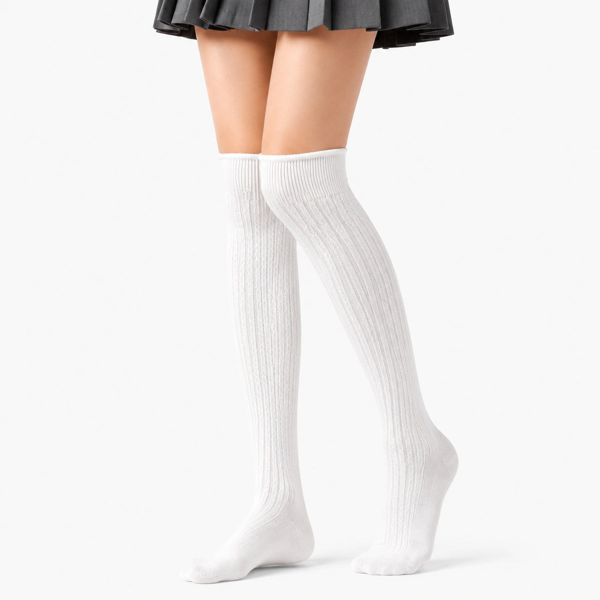 Chaussettes hautes femme 35-38 en maille blanche côtelée style scolaire