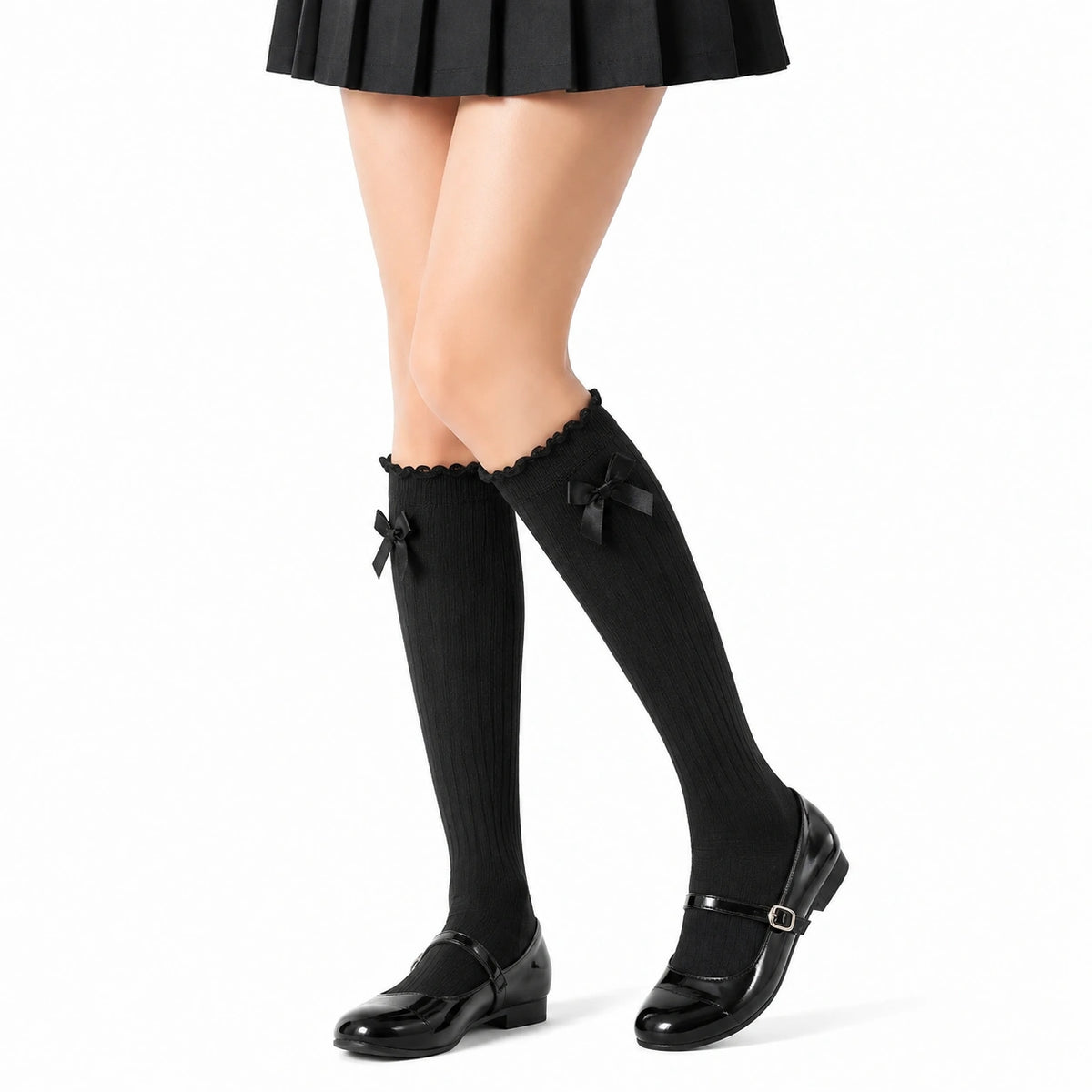Chaussettes hautes 39-42 noires en maille côtelée avec nœuds style romantique