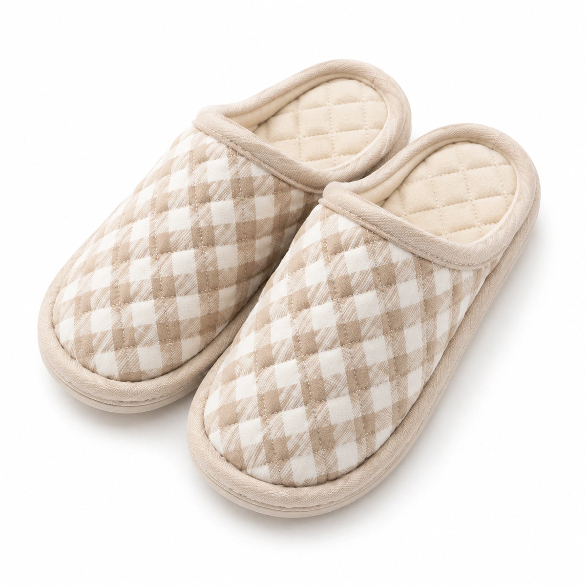 Chaussons 36/37 en textile beige et blanc à carreaux matelassés pour intérieur
