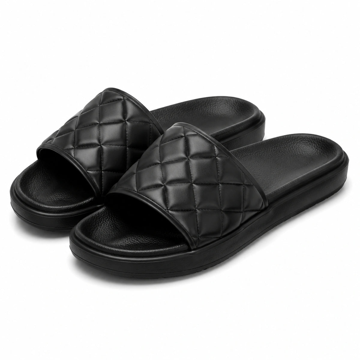 Claquettes 42/43 noires en matière synthétique matelassée à bride large