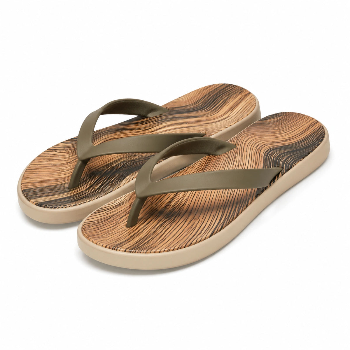 Tongs 42/43 en matière synthétique kaki avec semelle imprimée effet bois
